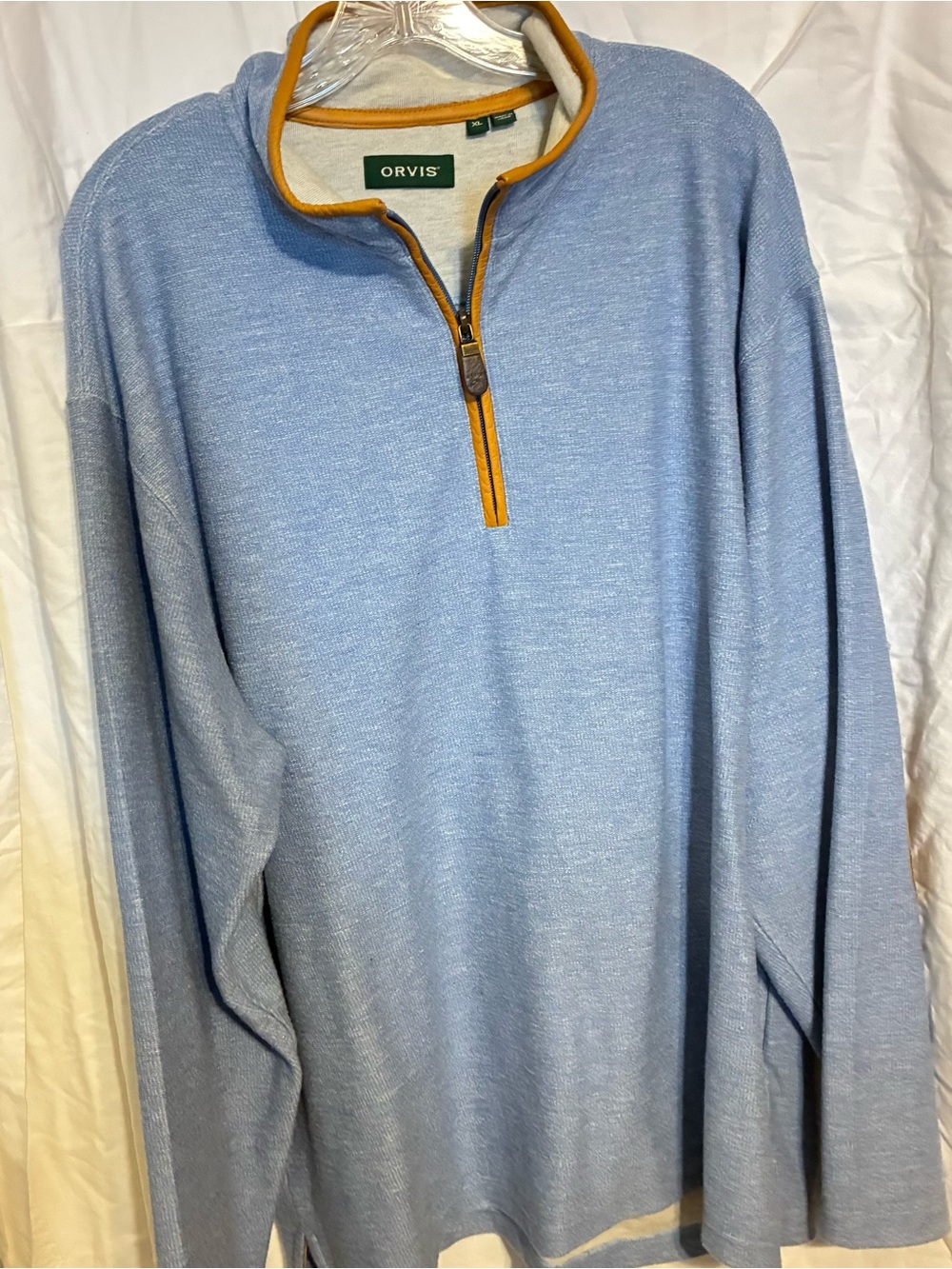 Orvis Light Blue Half-Zip Sweater with Mustard Trim
